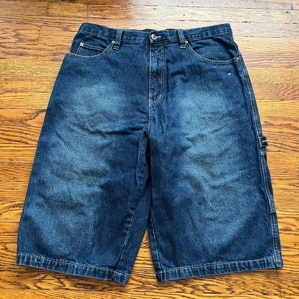 Vtg Rocawear Baggy Jean Shorts Y2K Carpenter Embroidered Denim Men's 38 Hip Hop